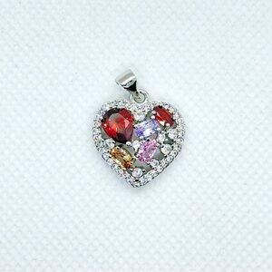 White Gold-Plated Heart-Shaped Multicolor Gemstone Pendant. New.
